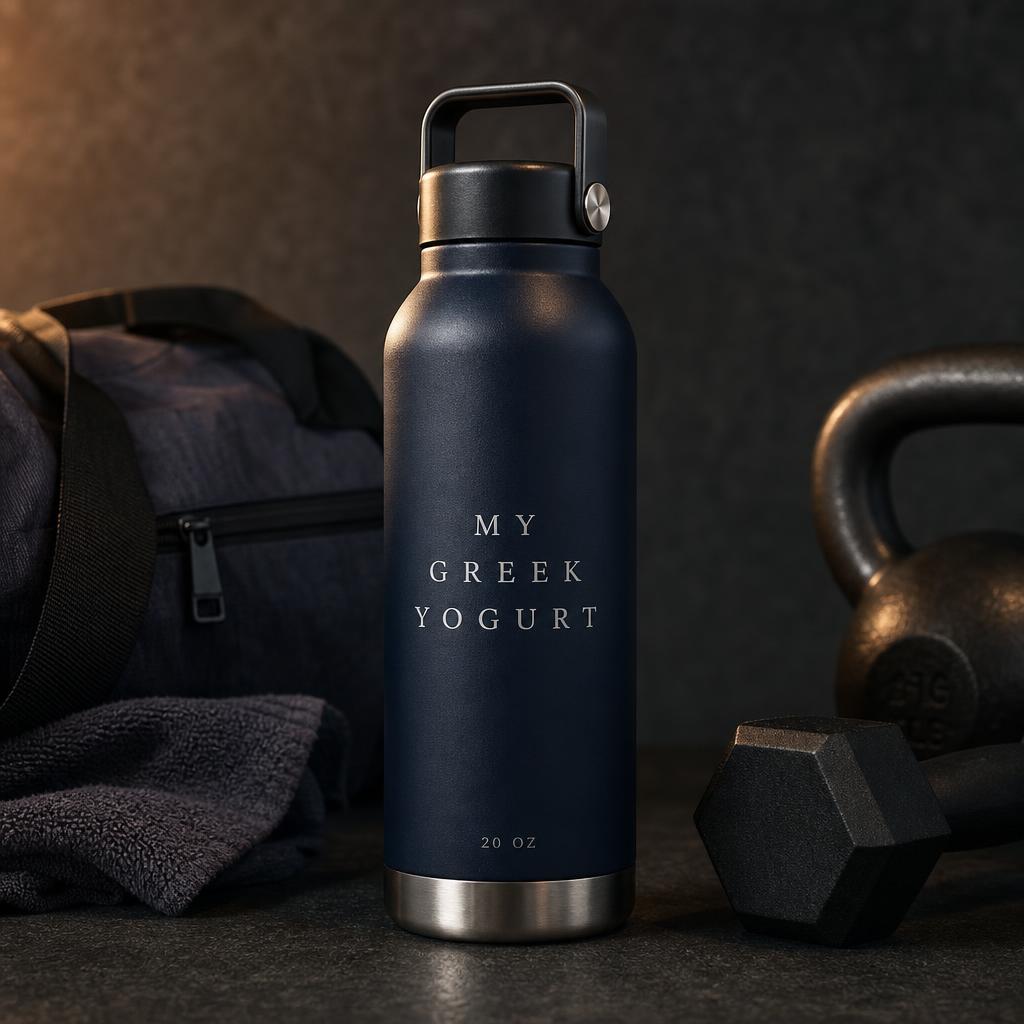 Navy insulated steel water bottle laser-etched with the MY GREEK YOGURT mark