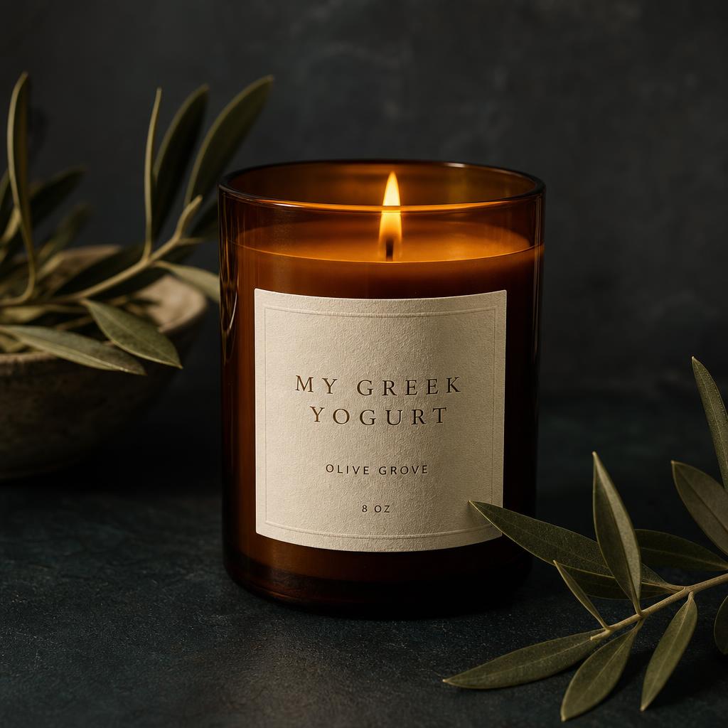 Amber glass candle with a letterpress label bearing the MY GREEK YOGURT mark