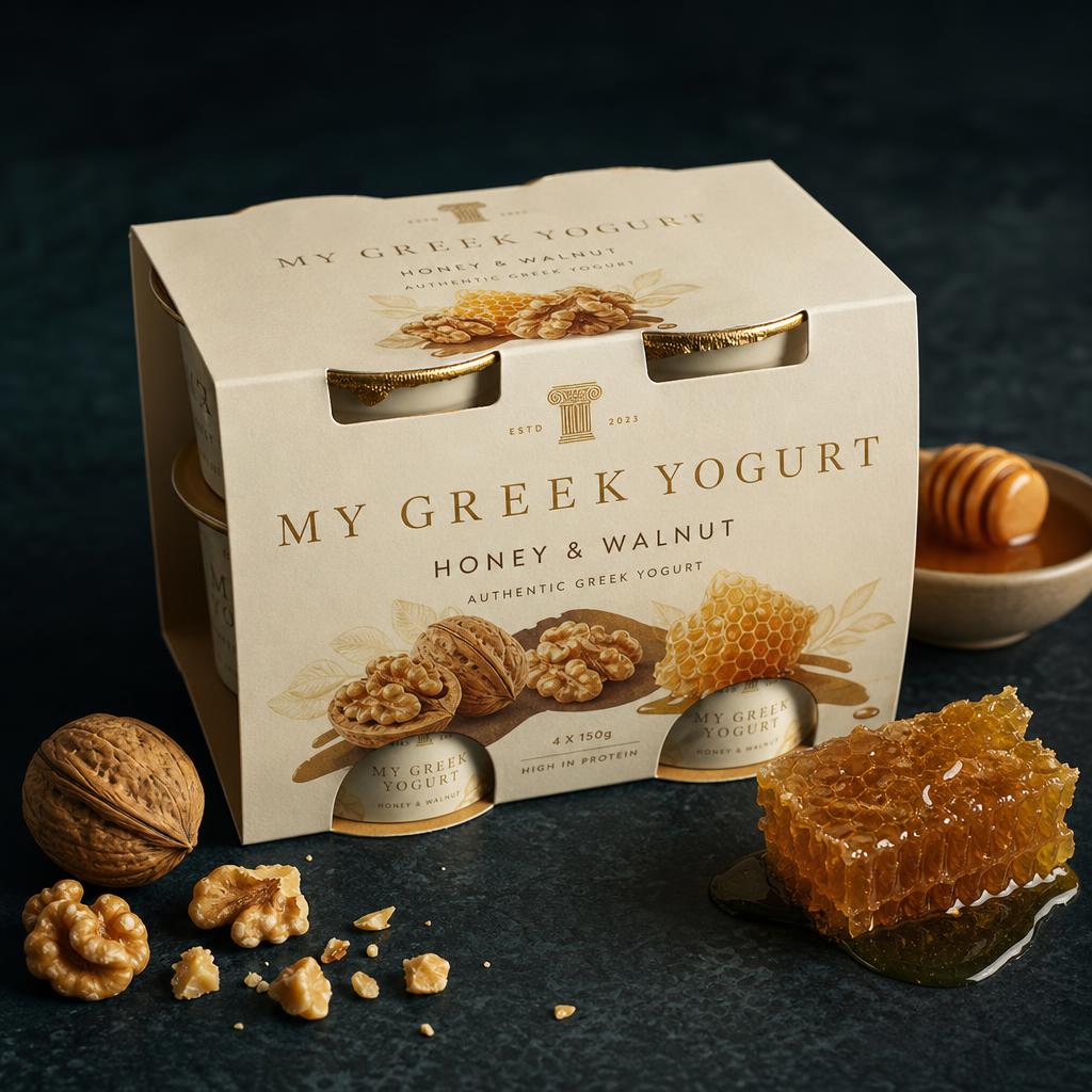 Four pack sleeve of honey and walnut yogurt cups printed with the MY GREEK YOGURT mark