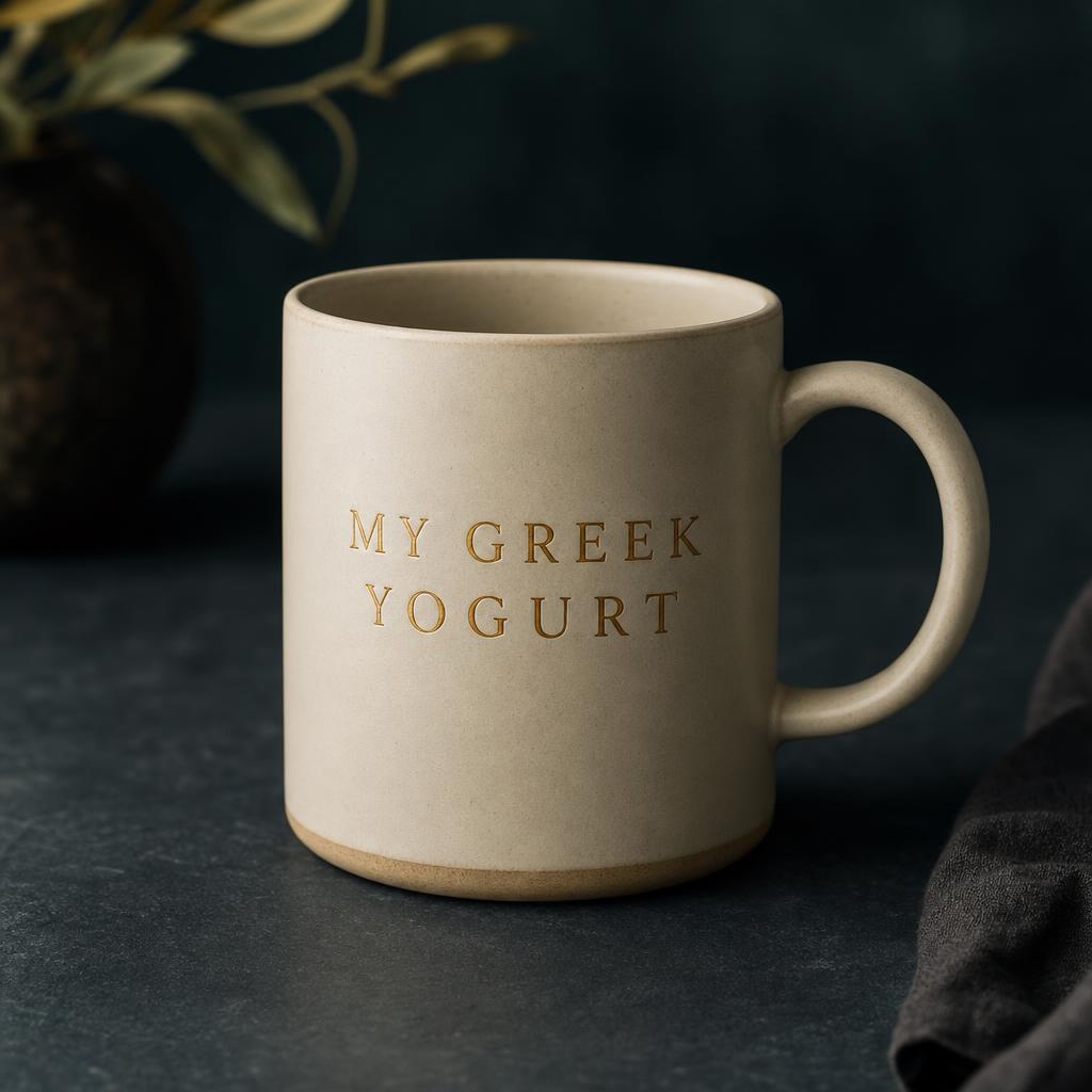Matte cream ceramic mug with MY GREEK YOGURT lettered in honey glaze