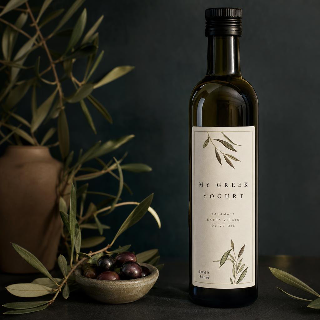 Dark glass bottle of Kalamata extra virgin olive oil with a MY GREEK YOGURT pantry label