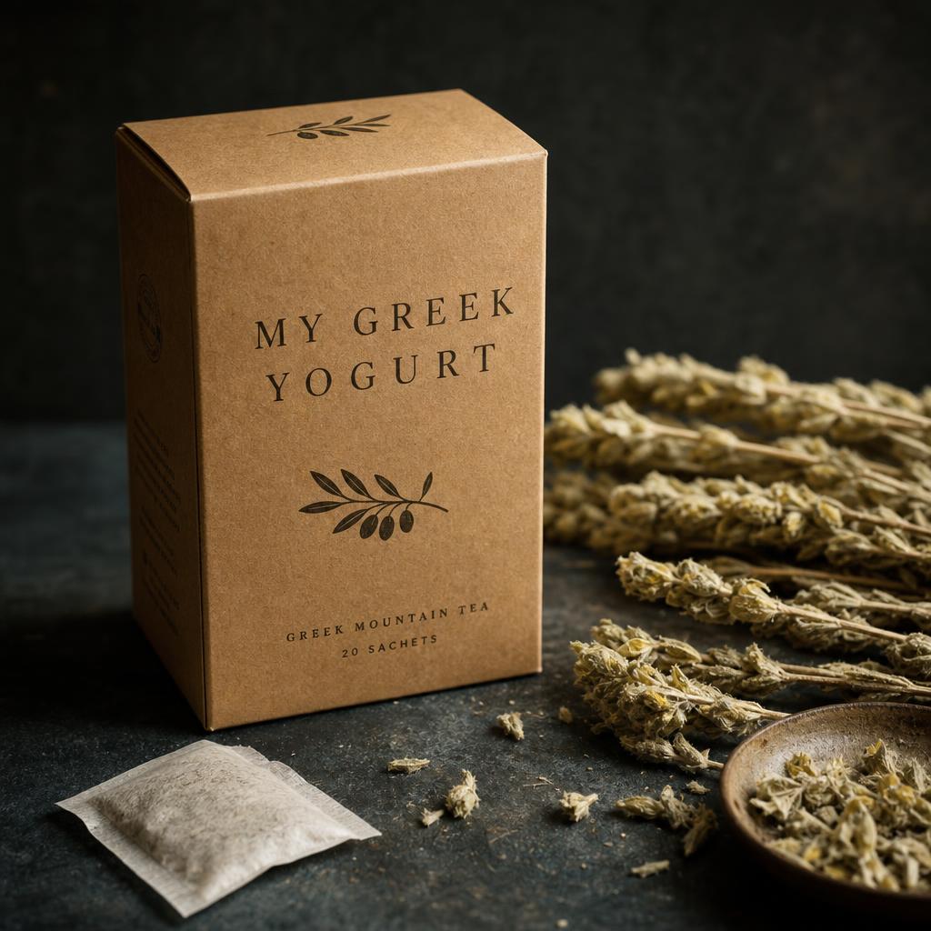 Kraft carton of Greek mountain tea printed with the MY GREEK YOGURT mark