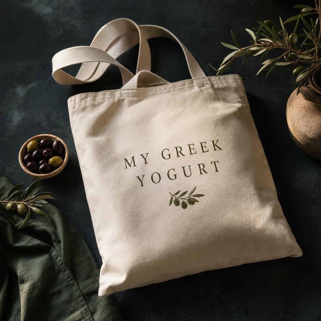 Natural canvas tote bag screen-printed with the MY GREEK YOGURT mark