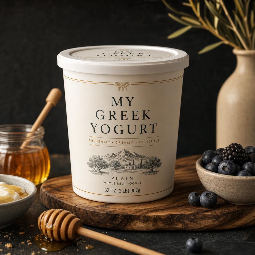 32 oz tub of strained whole milk yogurt with the MY GREEK YOGURT label facing the camera